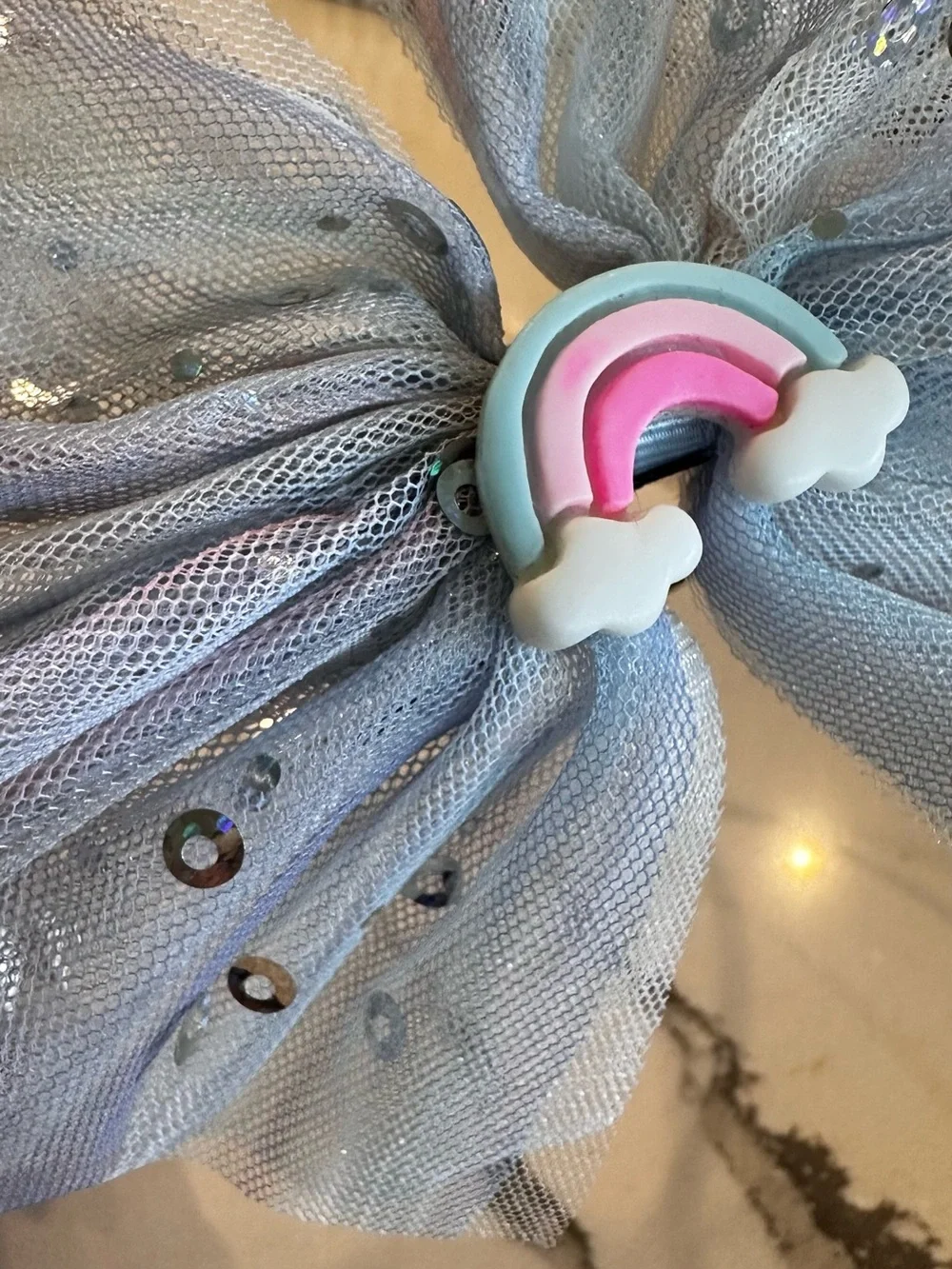 Light Blue Sequin Tulle Bow Headband with Rainbow Charm